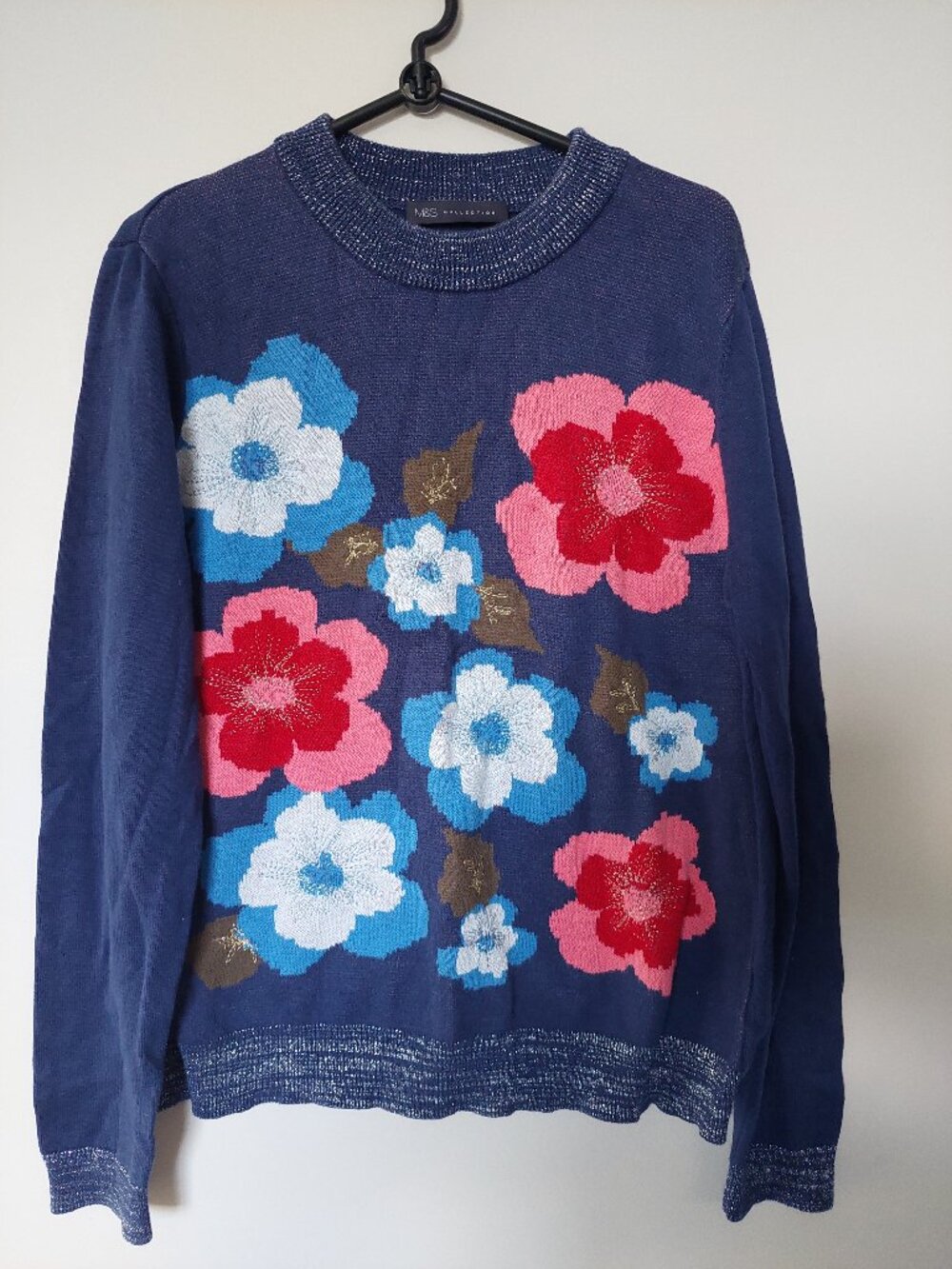 M&S Collection Women's Sz 10 Cotton Knit Sweater Flower Blue